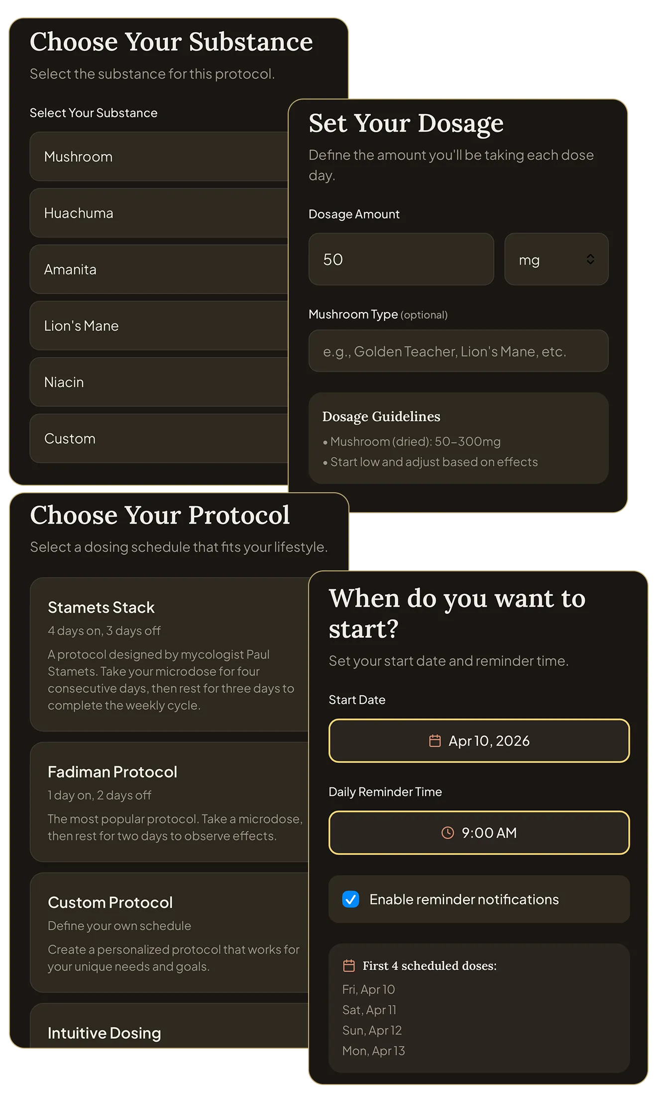 Lucidly app screens for choosing a substance, dosage, protocol and start date